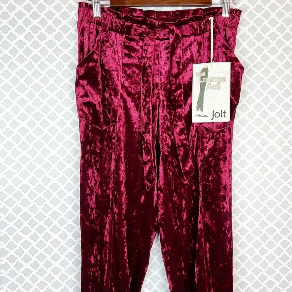 NWT Jolt The Lounge Act Burgundy Velour Belted Joggers Pant
